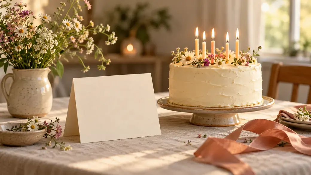 Felicitare goală, tort aniversar cu lumânări și flori de câmp